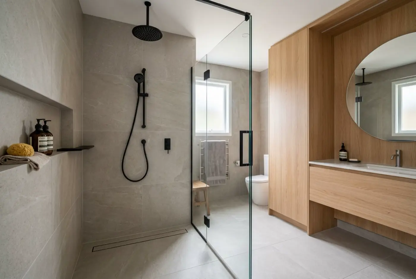 Moderne Walk-in-Dusche mit schwarzen Armaturen
